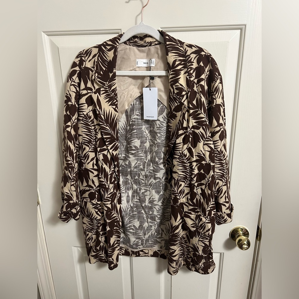 MNG Mango Linen Blend Tropical Print Notch Collar Oversized‎ Blazer XXS New